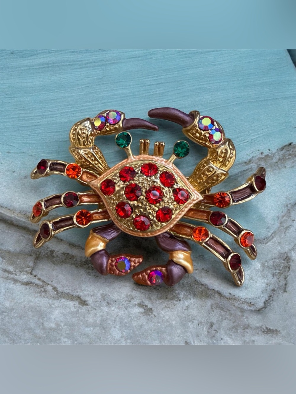 Gold-Tone Crystal Crab Brooch with Red & Orange Rhinestones